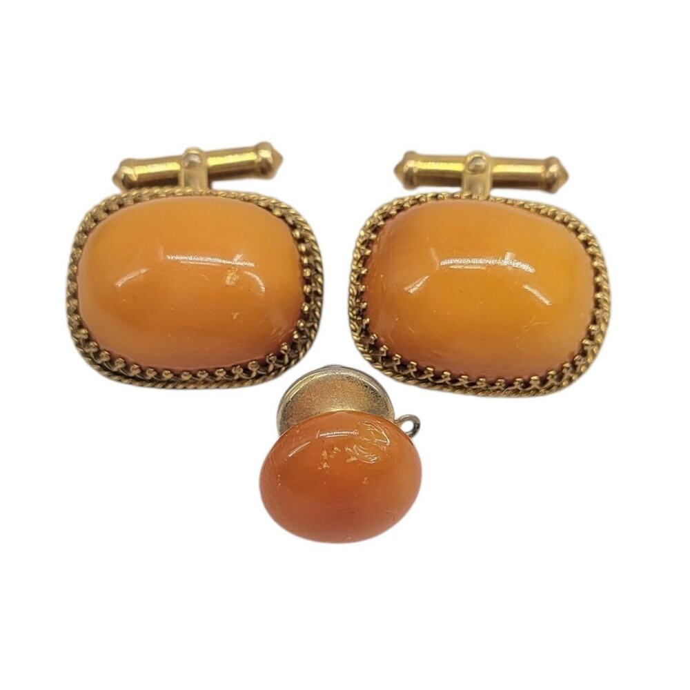 Vintage 12K Gold Filled Butterscotch Amber Cufflinks Tie Tack Set Preppy